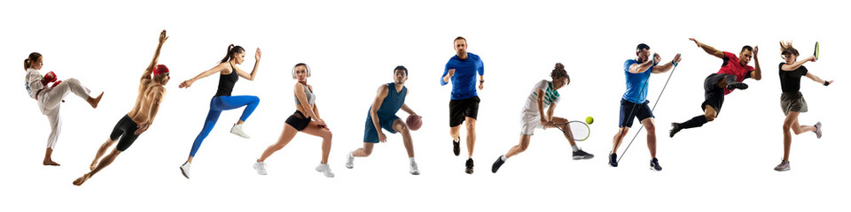 Collage of different professional sportsmen, fit people in action and motion isolated on white...
