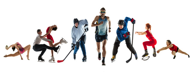 Fototapeta na wymiar Collage of different professional sportsmen, fit people in action and motion isolated on white background. Flyer.