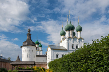 Fototapeta na wymiar View of St. John church and tower of Rostov Kremlin on sunny summer day. Yaroslavl Oblast, Russia.