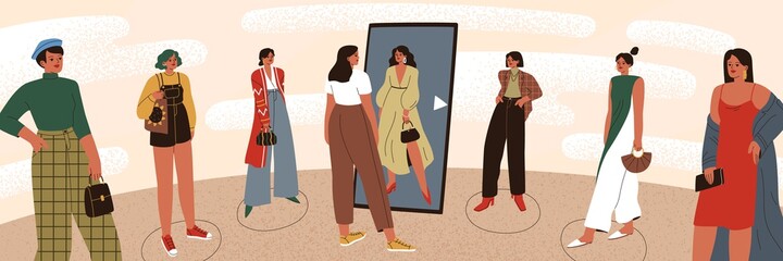 Woman choosing her own personal authentic style identity. Choice of individual image. Female character trying on apparels to find her unique aesthetic for self-expression. Flat vector illustration