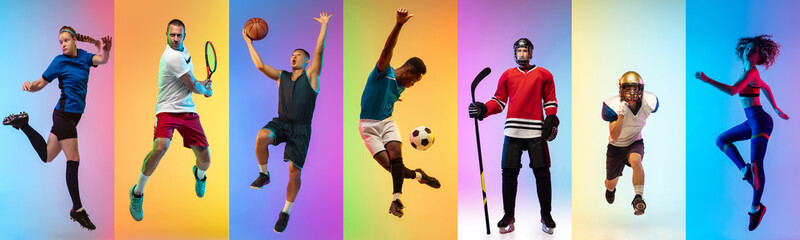 Collage of different professional sportsmen, fit people in action and motion isolated on multicolored neon background. Flyer.