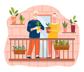 Elderly couple is enjoying growing plants at home