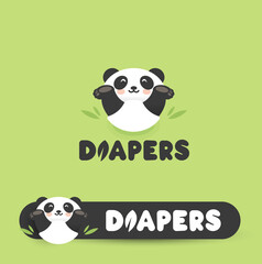 Funny Panda in diapers, flat cartoon style vector logo concept. Chinese bear have fun isolated icon. Panda Baby relax in bamboo nest logotype template for baby goods, entertainment room for children.