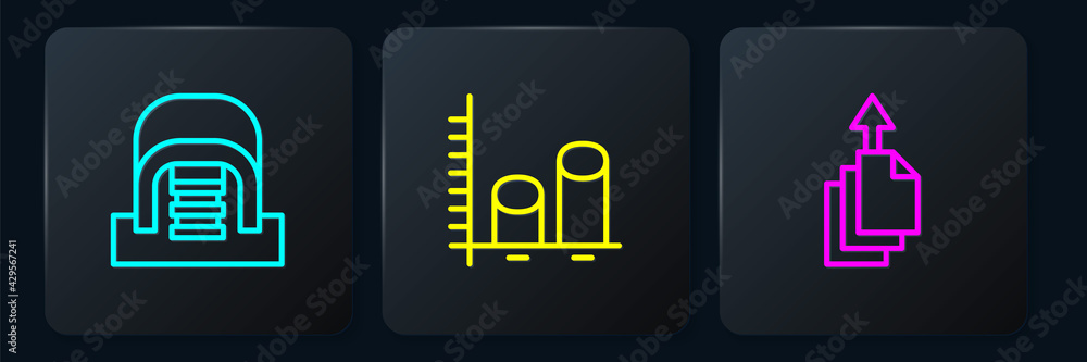 Aufkleber set line hangar with servers, data export and analysis. black square button. vector