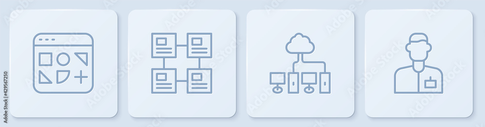 Poster set line different files, computer network, hierarchy organogram chart and analyst engineer. white s