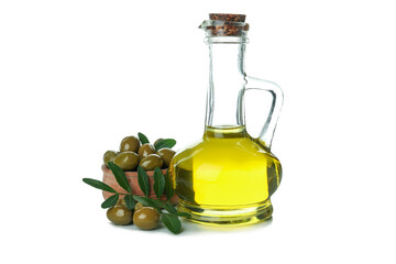 Bottle of olive oil and olives isolated on white background