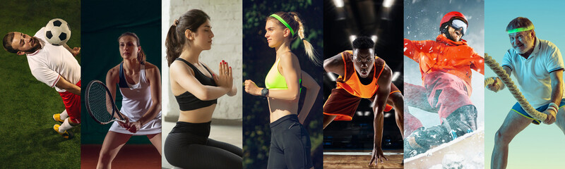 Collage of different professional sportsmen, fit people in action and motion isolated on...