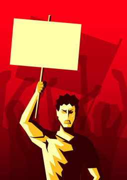 Angry man raised up placard with copy space, and silhouette of crowd of people hands raised in the air on the background. Revolution, political protest. Vector
