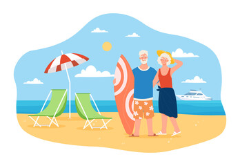 Obraz na płótnie Canvas Happy and active elderly couple is spending time on the beach together
