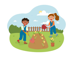 Fototapeta premium Cute little kids working in the garden together