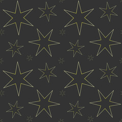 Holiday bright seamless pattern of shiny golden stars on a black background. Star cute endless texture.  Golden vector pattern.