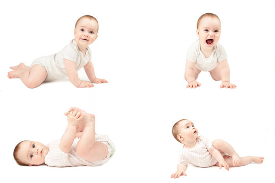 Funny crawling baby girl isolated on white background. Set of photo