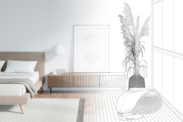 The sketch becomes a real sunny bedroom with a vertical poster on a wooden curbstone next to the bed, pampas grass in a wicker basket near the window, a blanket on a round pouf. 3d render