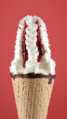 ice cream in cone with strawberry jam. Ice cream in waffle cone over red background