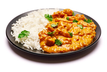 Plate of Traditional Chicken Curry and rice isolated on white background with clipping path embedded