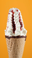 ice cream in cone with strawberry jam. Ice cream in waffle cone rotated over orange background
