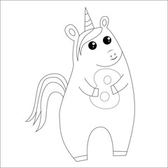 Cute fairy unicorn holding number 8 eight, coloring book in outline style, simple vector illustration