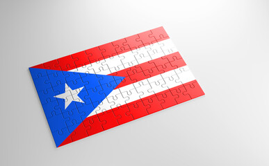 Fototapeta na wymiar A jigsaw puzzle with a print of the flag of Puerto Rico, pieces of the puzzle isolated on white background. Fulfillment and perfection concept. Symbol of national integrity. 3D illustration.