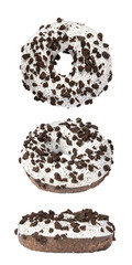 Glazed crumb donut shot from three angles isolated on a white background. Delicious baked goods.