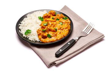 Plate of Traditional Chicken Curry and rice isolated on white background with clipping path embedded