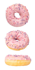 Glazed donut decorated with colorful sprinkles shot from three angles isolated on a white...
