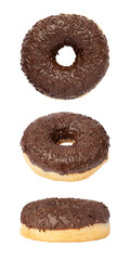 Сhocolate donut shot from three angles isolated on white background. Delicious baked goods.