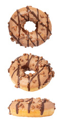 Glazed crumb donut with chokolate stripes shot from three angles isolated on a white background. Delicious baked goods.