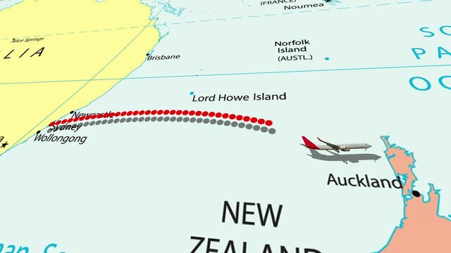 3d looping air travel animation of airplane flying from Sydney, Australia to Auckland, New Zealand on a detailed world map background representing the trans-Tasman travel bubble    
