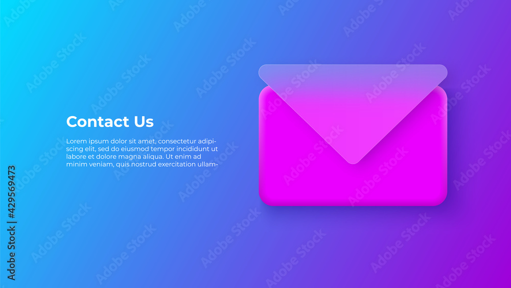 Poster Glassmorphism our contacts concept with 3d mail icon. Frosted glass effect. Illustration on blurred gradient vector background