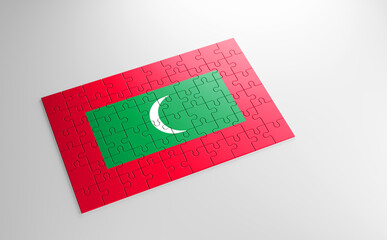 Fototapeta na wymiar A jigsaw puzzle with a print of the flag of Maldives, pieces of the puzzle isolated on white background. Fulfillment and perfection concept. Symbol of national integrity. 3D illustration.