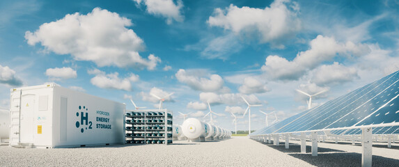 Modern hydrogen energy storage system accompaind by large solar power plant and wind turbine park in sunny summer afteroon light with blue sky and scattered clouds. 3d rendering. - obrazy, fototapety, plakaty