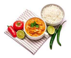 Traditional Chicken Curry and a bowl of boiled rice isolated on white background with clipping path embedded