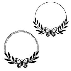 Butterfly monogram wreath. Circle frame. Floral border. Outline drawing. Line vector illustration.  Isolated on white background. Design of invitations, wedding or greeting cards.