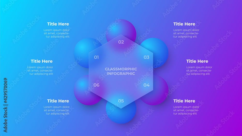 Aufkleber Glassmorphism hexagon infographic concept with 3d geometric shapes. Frosted glass effect. Illustration on blurred gradient vector background