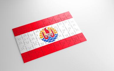 A jigsaw puzzle with a print of the flag of French Polynesia, pieces of the puzzle isolated on white background. Fulfillment and perfection concept. Symbol of national integrity. 3D illustration.