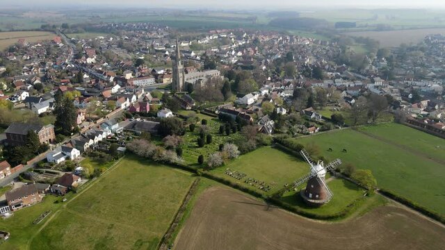 Thaxted Essex UK Aerial town and windmill Footage 4K