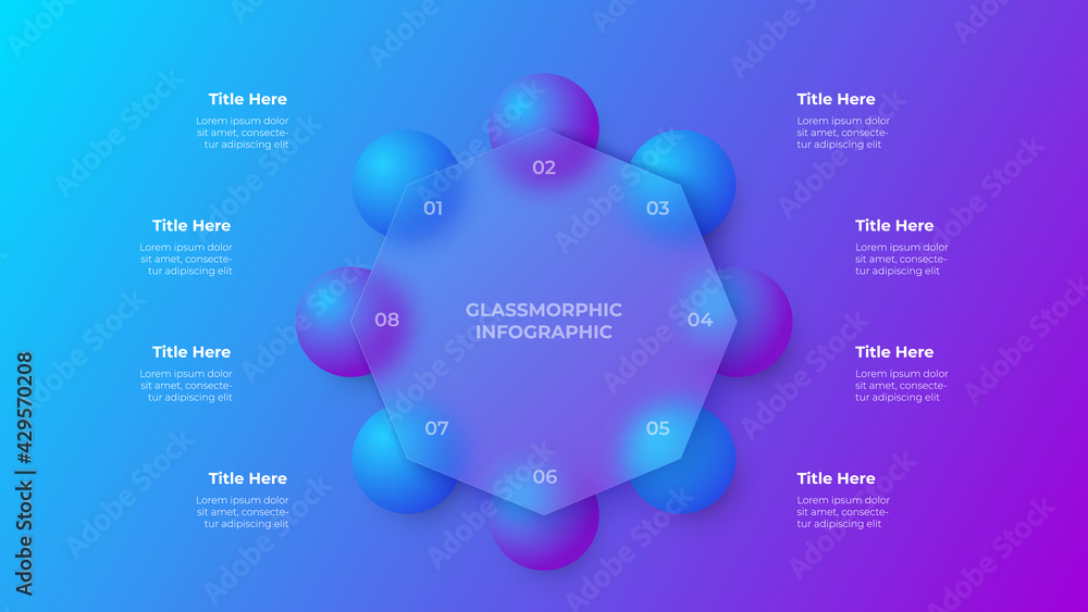 Aufkleber Glassmorphism octagon infographic concept with 3d geometric shapes. Frosted glass effect. Illustration on blurred gradient vector background