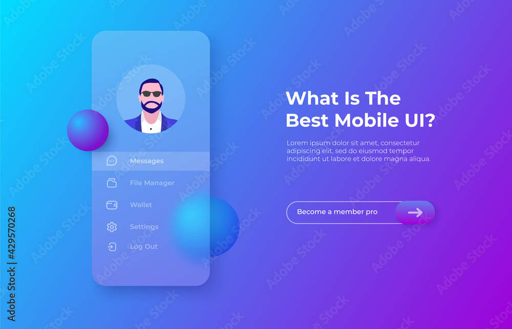 Poster Glassmorphism mobile app concept with 3d geometric shapes. Frosted glass effect. Illustration on blurred gradient vector background