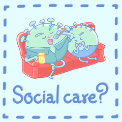 Design elements vector of coronavirus cartoon characters in funny actions, Coronavirus cute cartoon characters singing and drinking in party, COVID-19 social care parody.