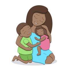 Afro American black skin family, loving tender mother with two cute happy children, teenage boy and little girl, hugging each other, isolated on white background, editable strokes, vector illustration
