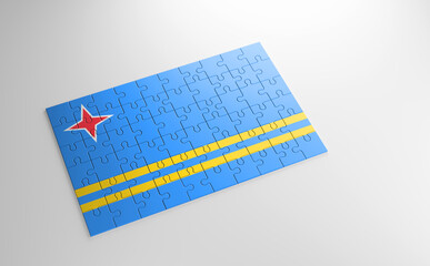 Fototapeta na wymiar A jigsaw puzzle with a print of the flag of Aruba, pieces of the puzzle isolated on white background. Fulfillment and perfection concept. Symbol of national integrity. 3D illustration.