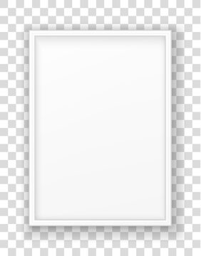 Mockup white frame photo on wall. Mock up picture framed. Horizontal boarder with shadow. Empty photoframe isolated on transparent background. Design border prints poster and painting image. Vector