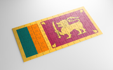 Fototapeta na wymiar A jigsaw puzzle with a print of the flag of Sri Lanka, pieces of the puzzle isolated on white background. Fulfillment and perfection concept. Symbol of national integrity. 3D illustration.