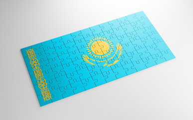 Fototapeta na wymiar A jigsaw puzzle with a print of the flag of Kazakhstan, pieces of the puzzle isolated on white background. Fulfillment and perfection concept. Symbol of national integrity. 3D illustration.