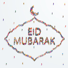 Eid Mubarak greeting card design. A large group of people form to create the shape of Eid Mubarak. Islamic design concept.Vector illustration. 