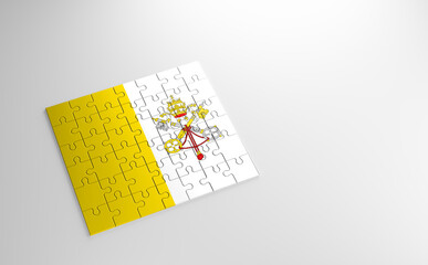 A jigsaw puzzle with a print of the flag of Vatican City, pieces of the puzzle isolated on white background. Fulfillment and perfection concept. Symbol of national integrity. 3D illustration.
