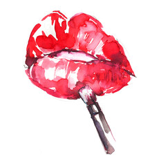 Watercolor illustration of red lips and lipstick - 429573209
