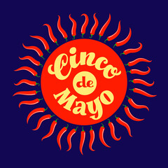 Cinco de Mayo hand drawn lettering in red circle with Chilli peppers like sun rays