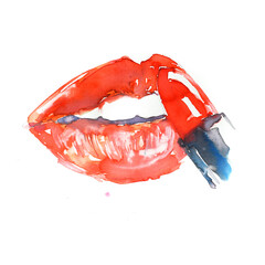 Bright red lips with red liptsick watercolor fashion illustration - 429573490