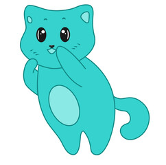 Fototapeta premium A cute turquoise cat on its hind legs. Cute flat vector illustrations in children's cartoon style. A funny character. Isolated on white background